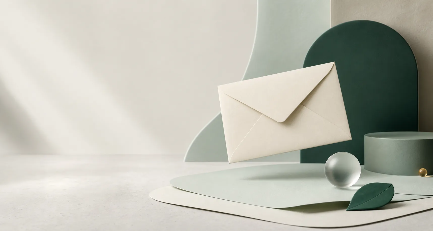 An ivory envelope floating above soft green paper forms